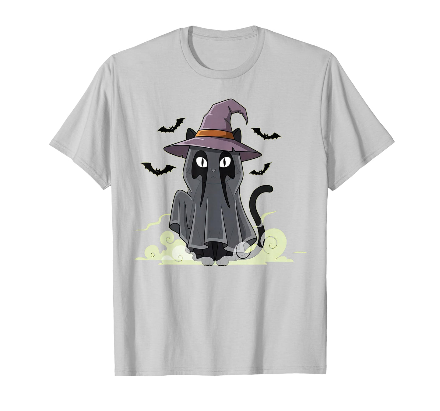 Cat Ghost Black Bats in Purple Witch Hat for Halloween T-Shirt