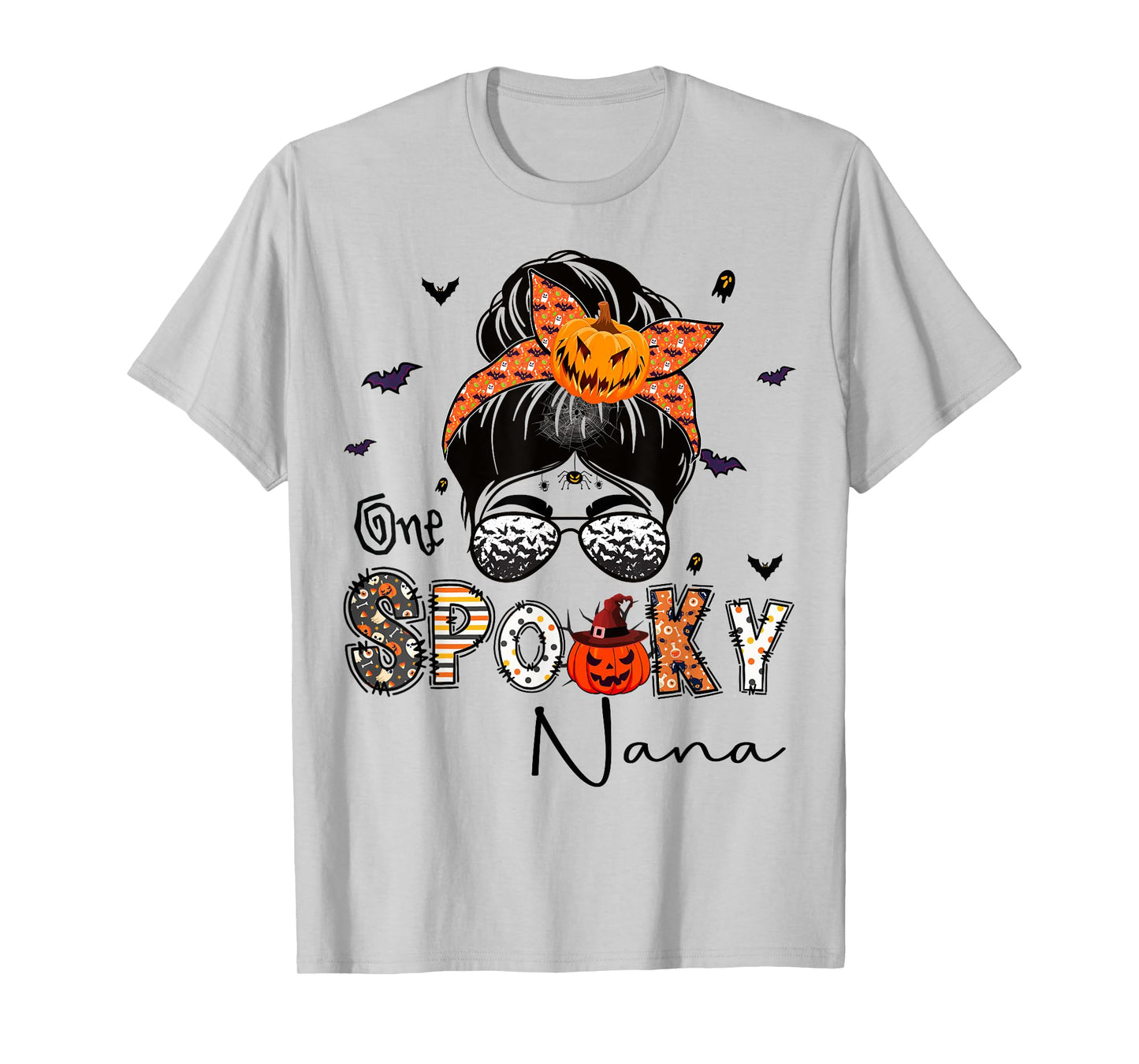 One Spooky Nana Messy Bun Grandma Pumpkin Halloween T-Shirt