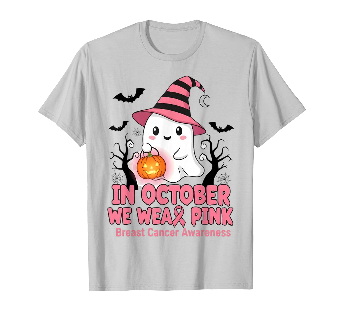 in October We Wear Pink Ghost Witch Breast Cancer Awareness T-Shirt