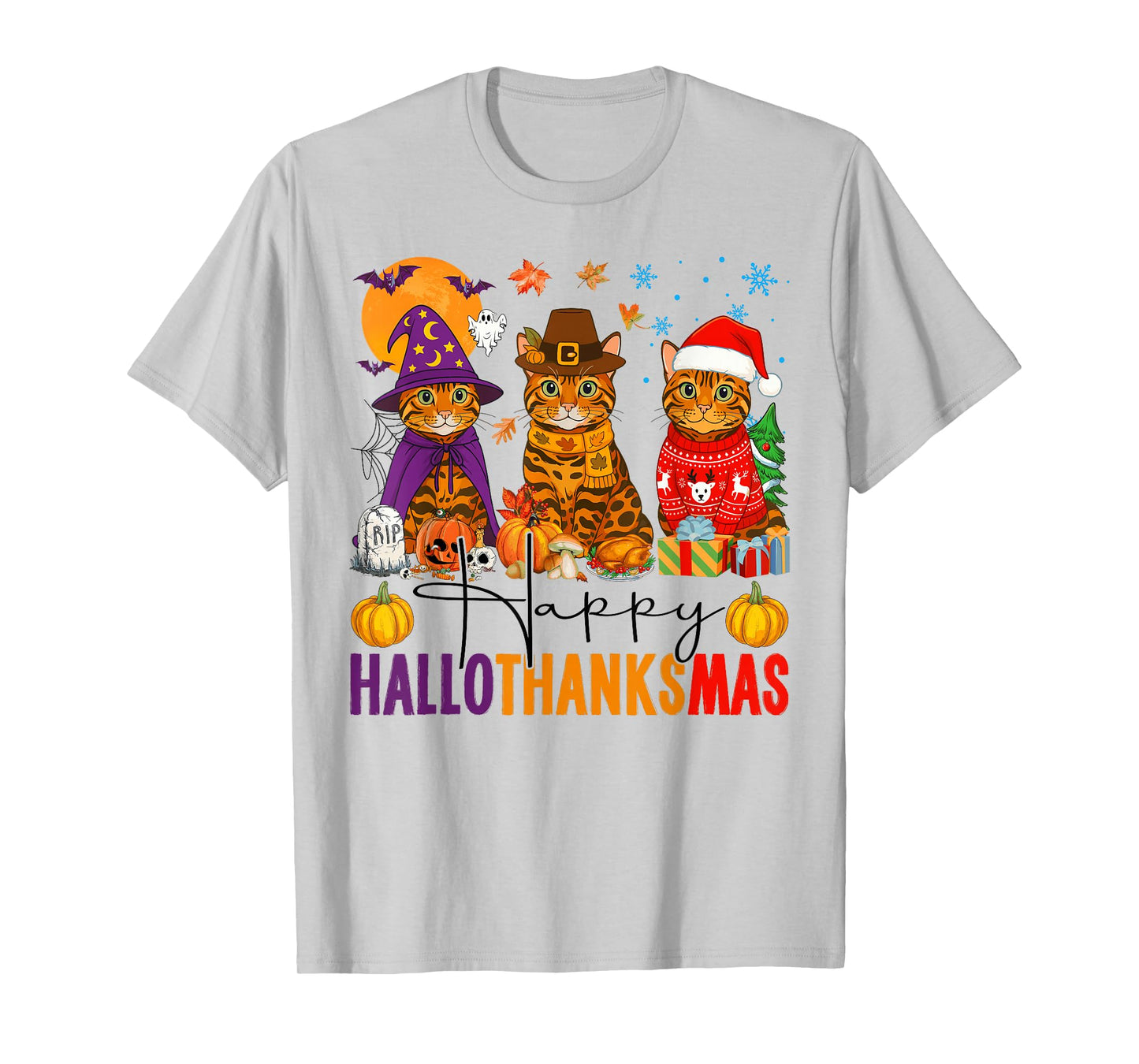 Happy Hallothanksmas Bengal Cats Halloween Thanksgiving Xmas T-Shirt