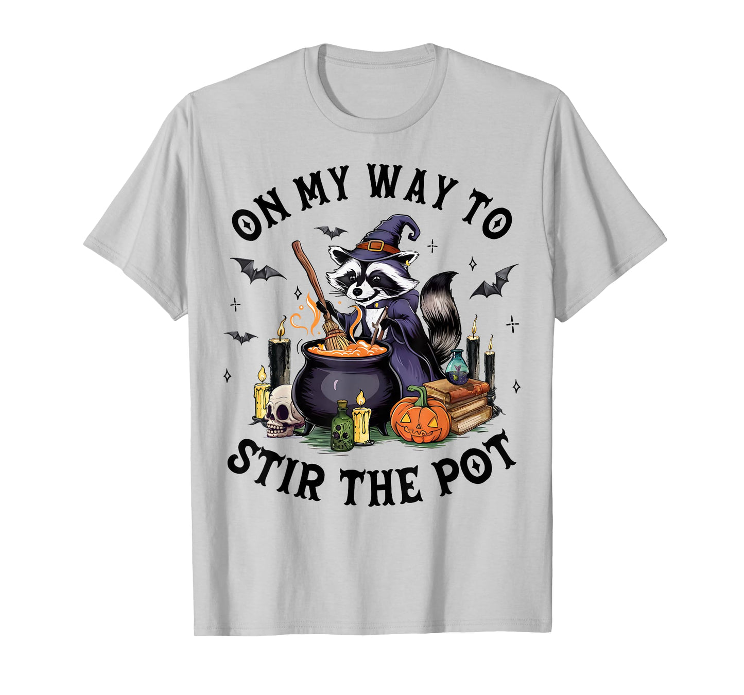 On My Way to Stir The Pot Halloween Witch Raccoon T-Shirt