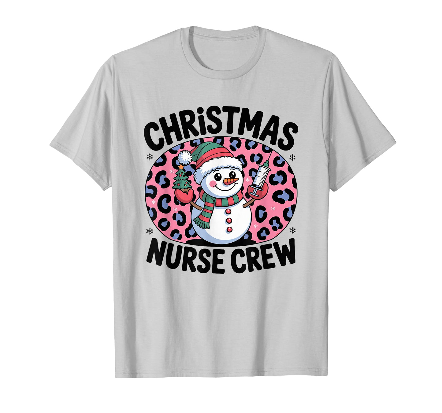 Nurse Christmas Crew Snowman Pink Leopard Print T-Shirt