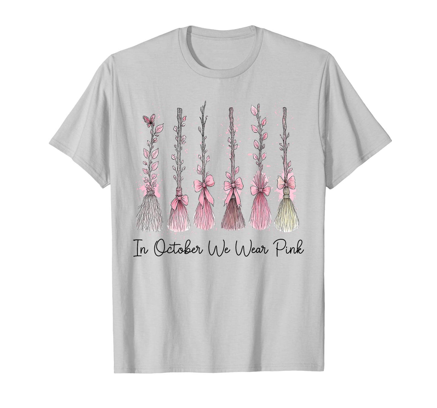 in October We Wear Pink Witch Broom Halloween Breast Cancer T-Shirt
