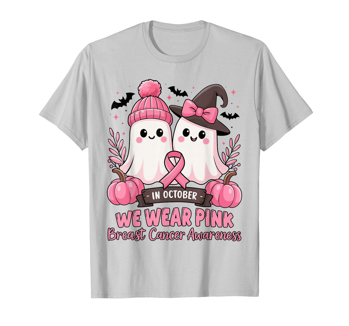 in October We Wear Pink Ghost Witch Breast Cancer Awareness T-Shirt