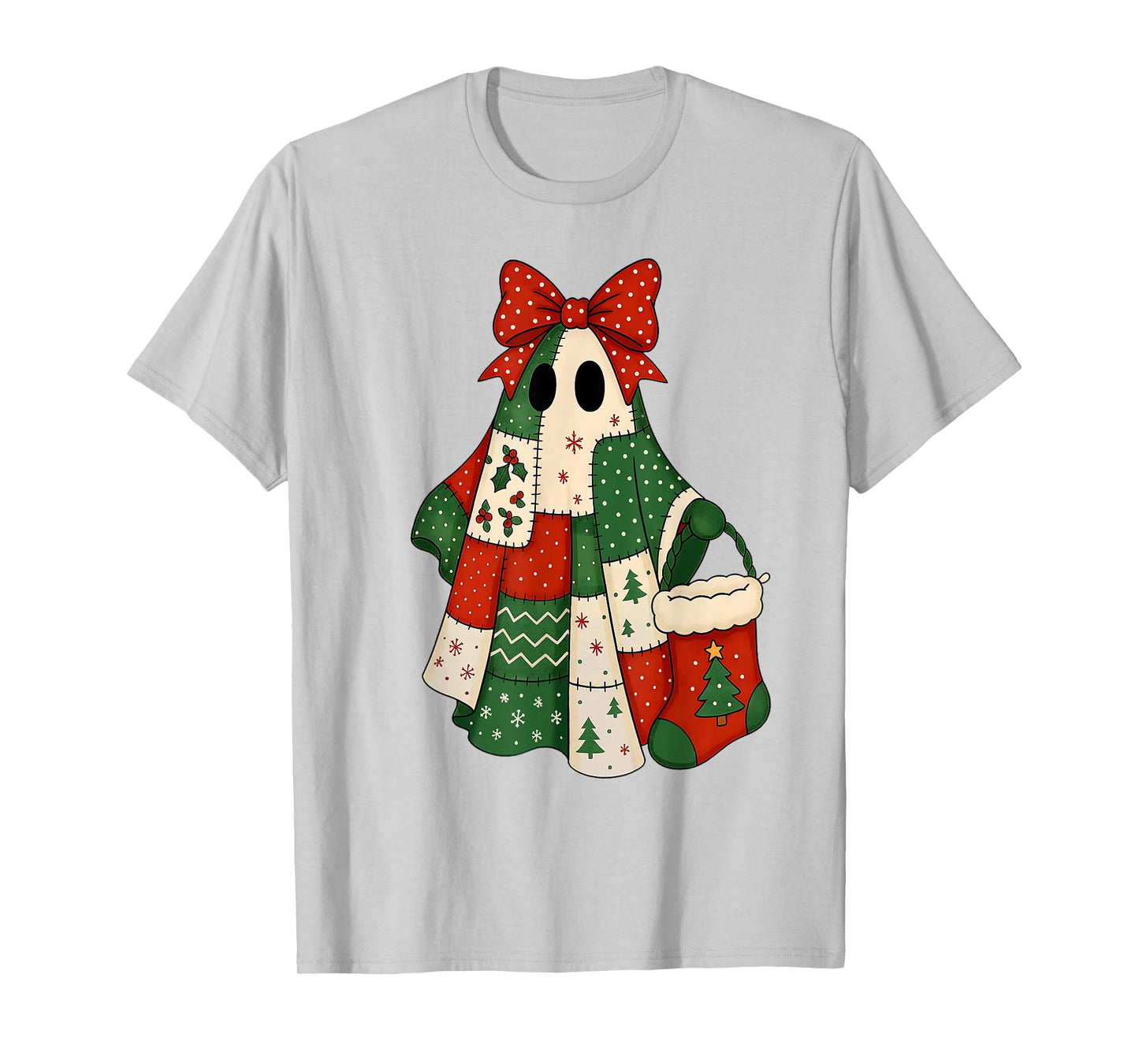 Retro Patchwork Christmas Ghost Coquette Bow X-mas Holiday T-Shirt