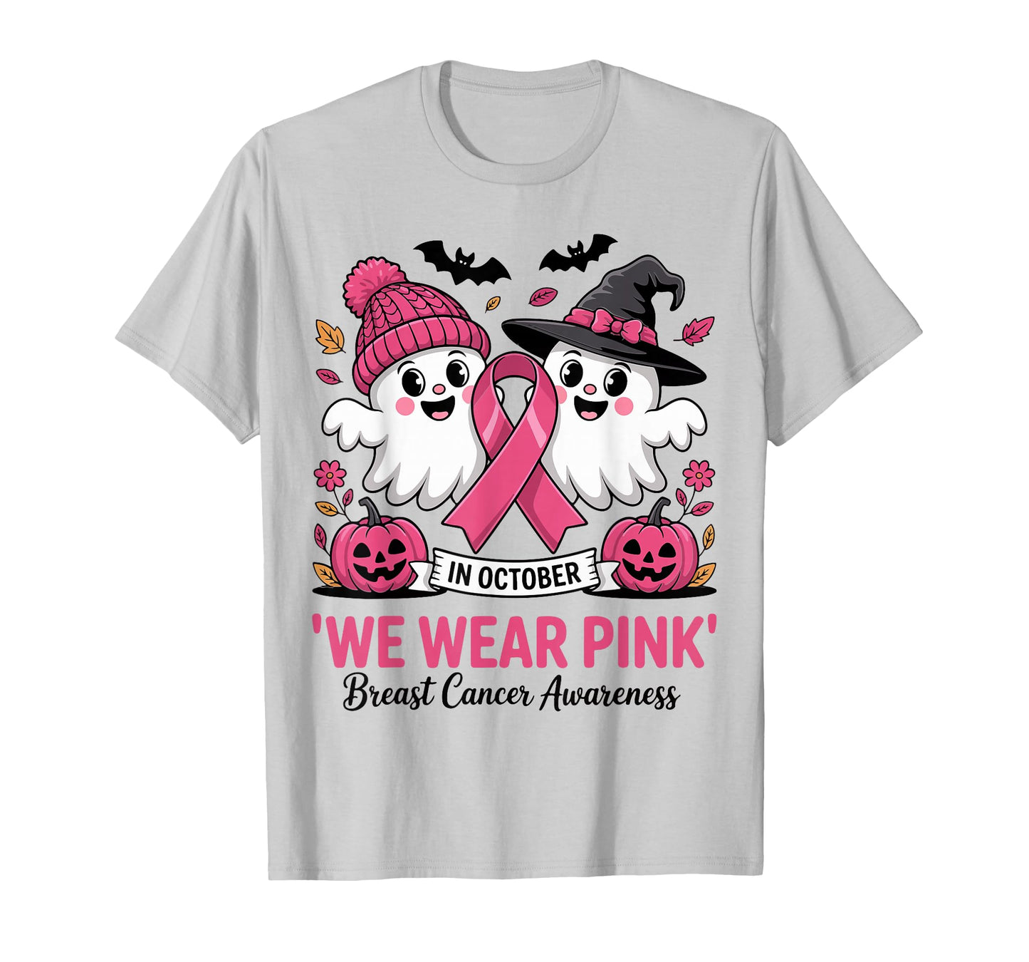 in October We Wear Pink Breast Cancer Awareness Ghost Witch T-Shirt