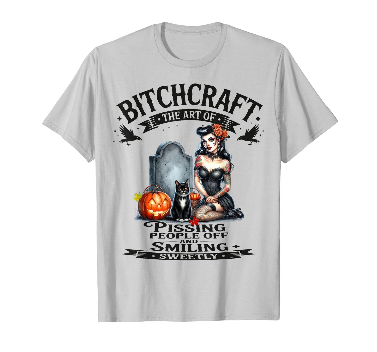 Halloween Vintage Flying Witch Bitchcraft Pin Up Girl Funny T-Shirt