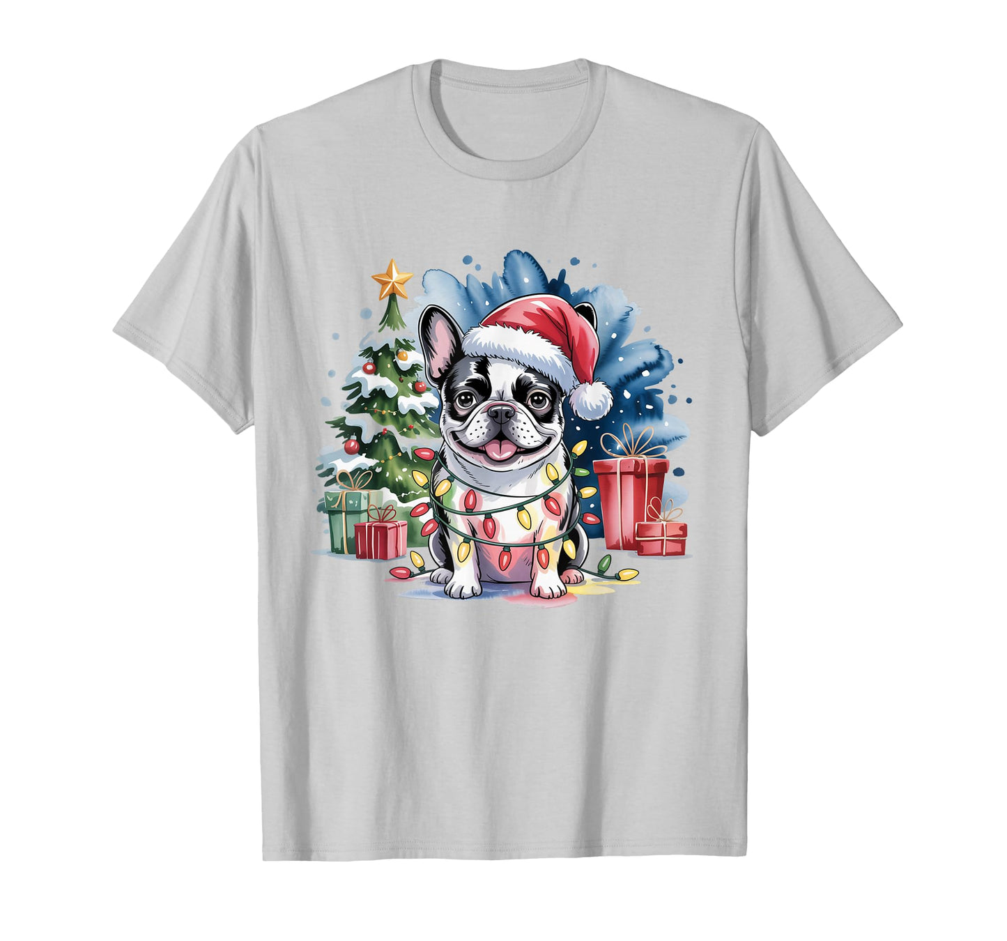 Cute Festive French Bulldog Christmas Santa Hat and Lights T-Shirt