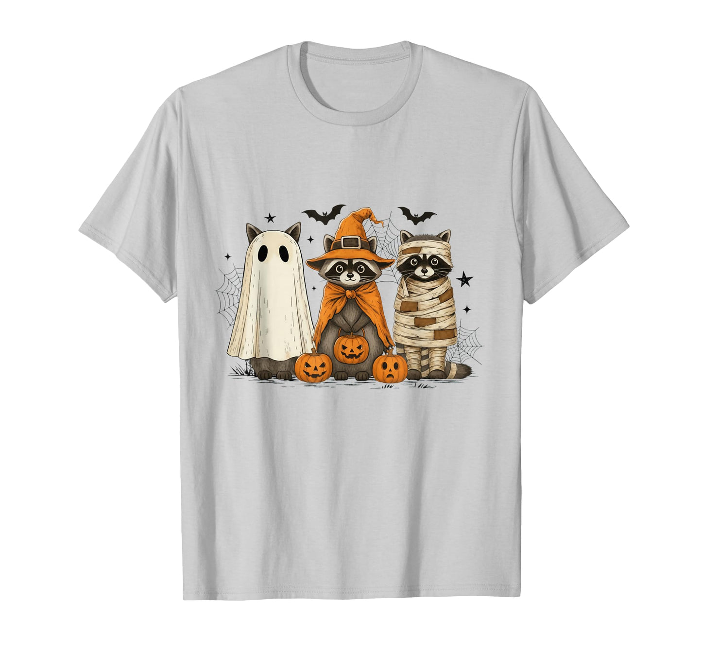 Retro Raccoon Witch Scary Halloween Pumpkin Men Women Kids T-Shirt