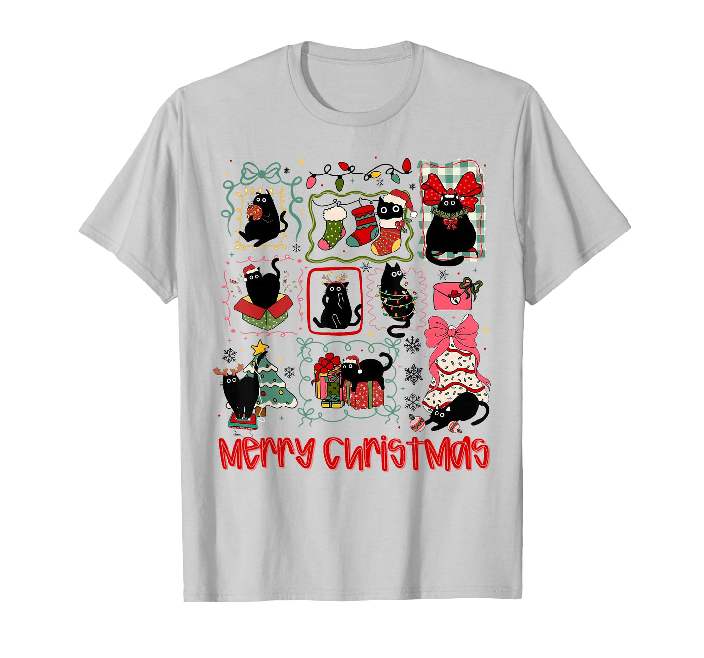 Merry Christmas Black Cat Coquette Bow Xmas Light Girl Women T-Shirt