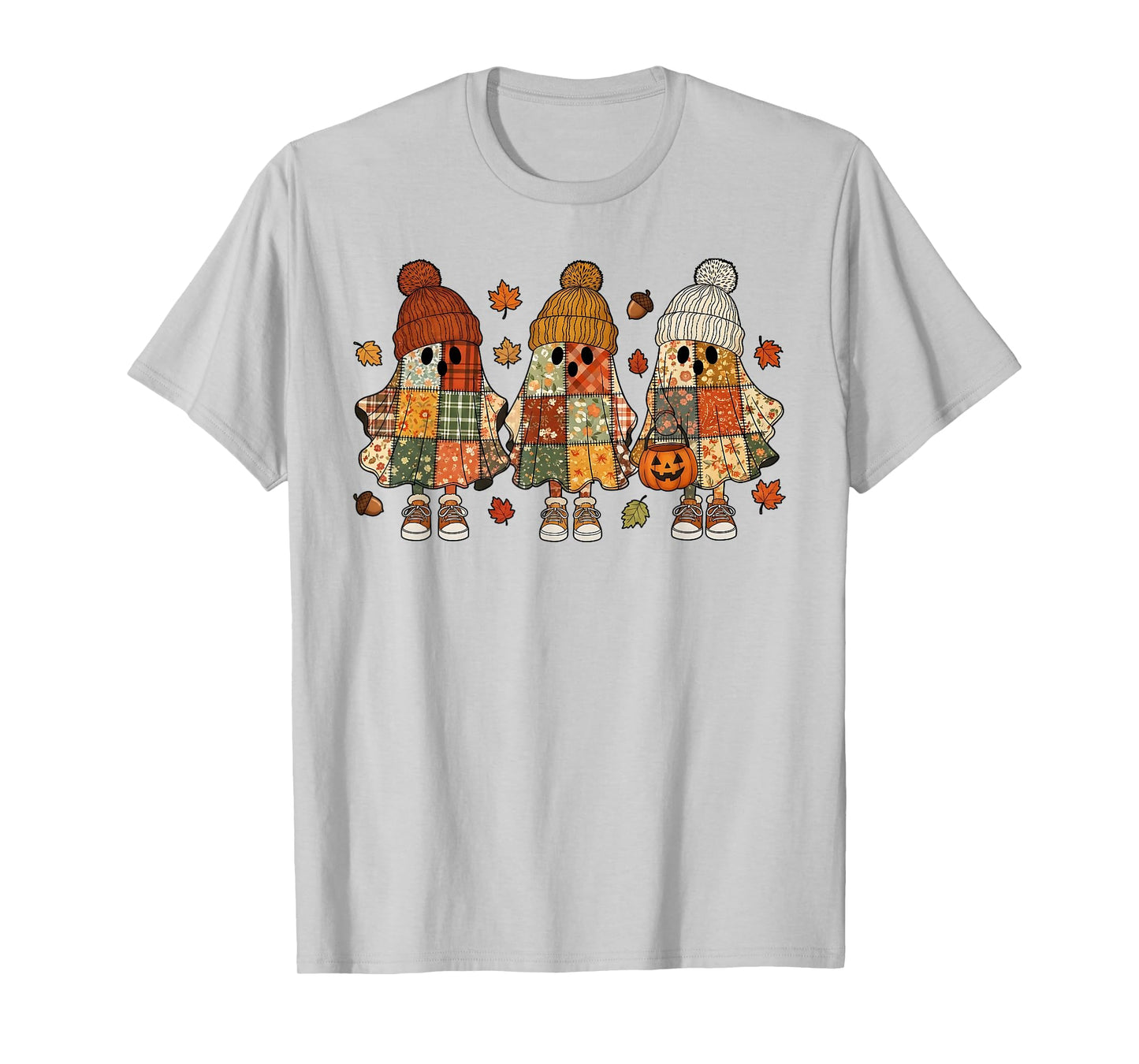 Patchwork Ghost Cozy Fall Halloween, Boho Floral Pumpkin T-Shirt