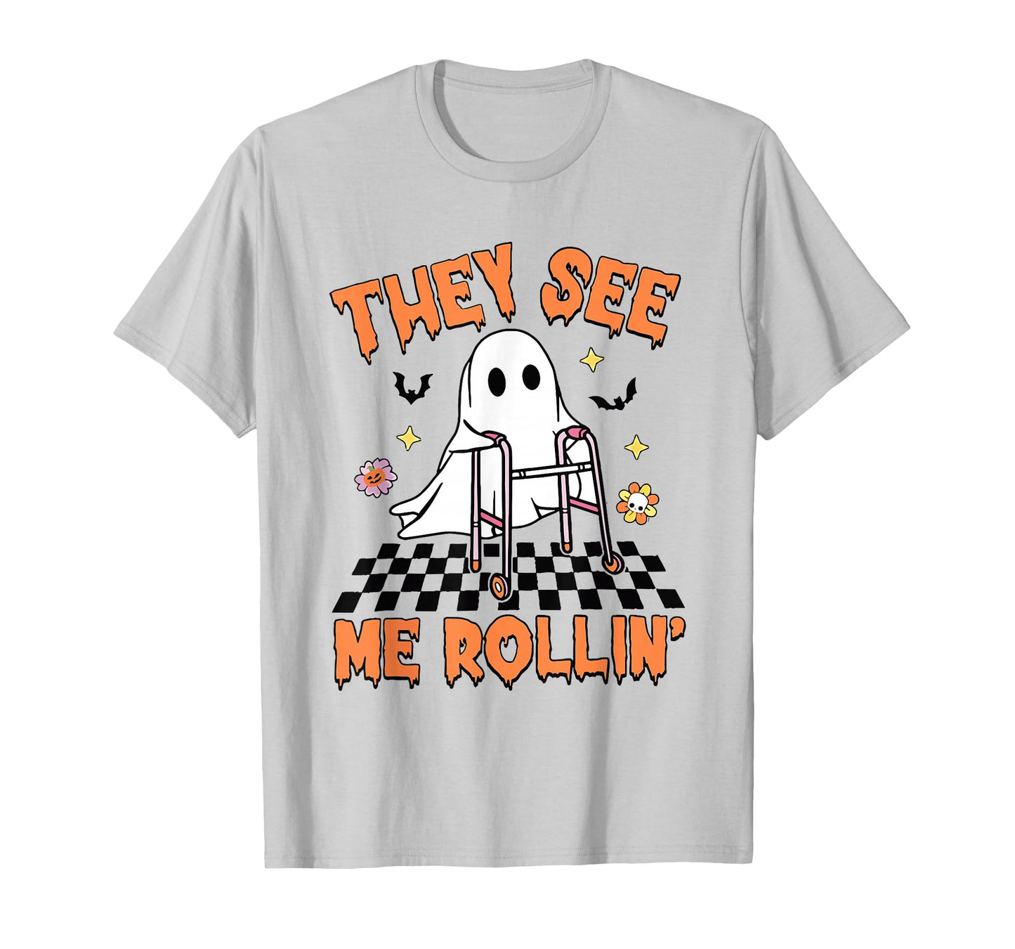 They See Me Rollin' Halloween Checkered Floral Ghost Therapy T-Shirt