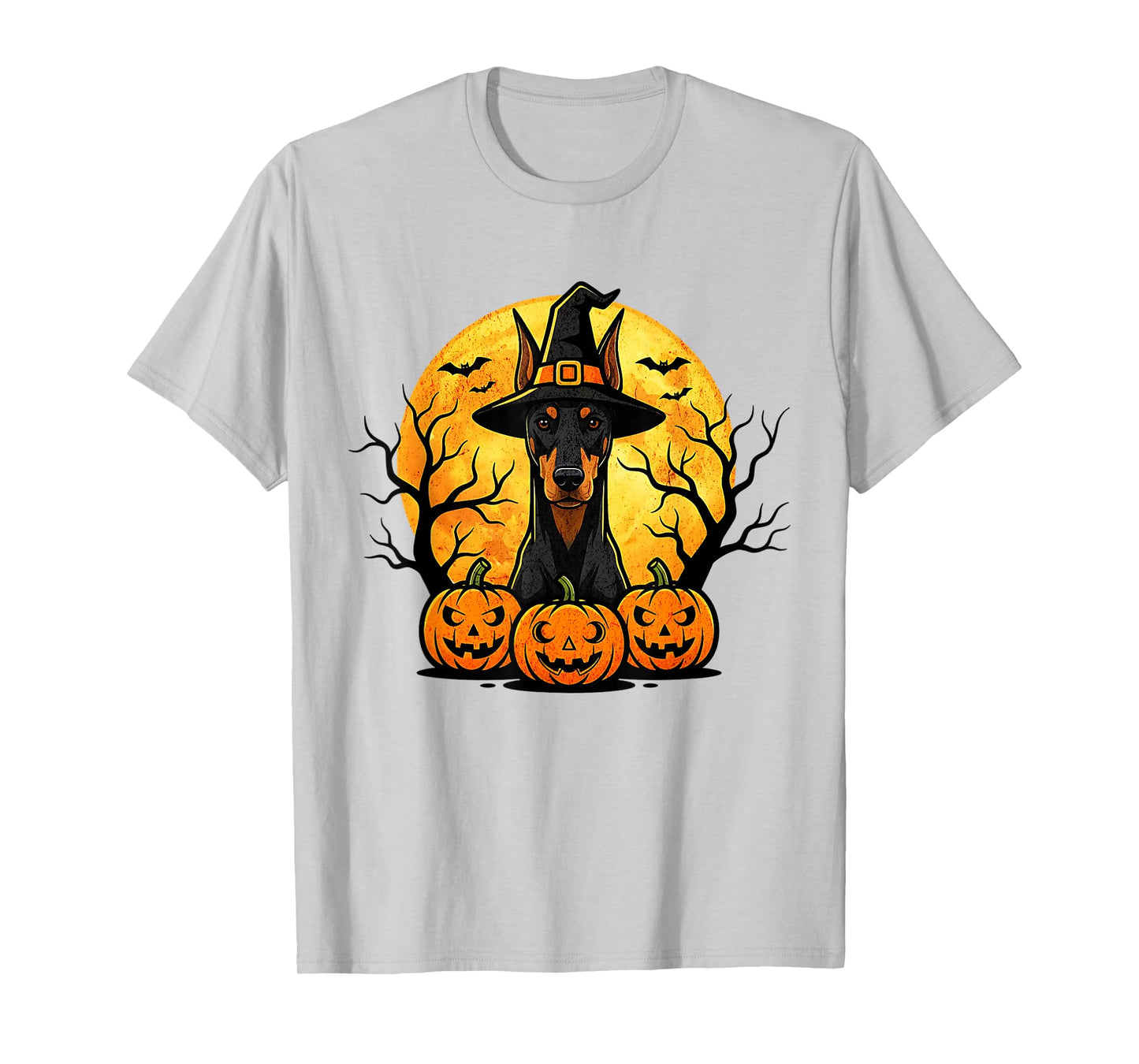 Spooky Doberman in Witch Hat Halloween Pumpkins Bats T-Shirt