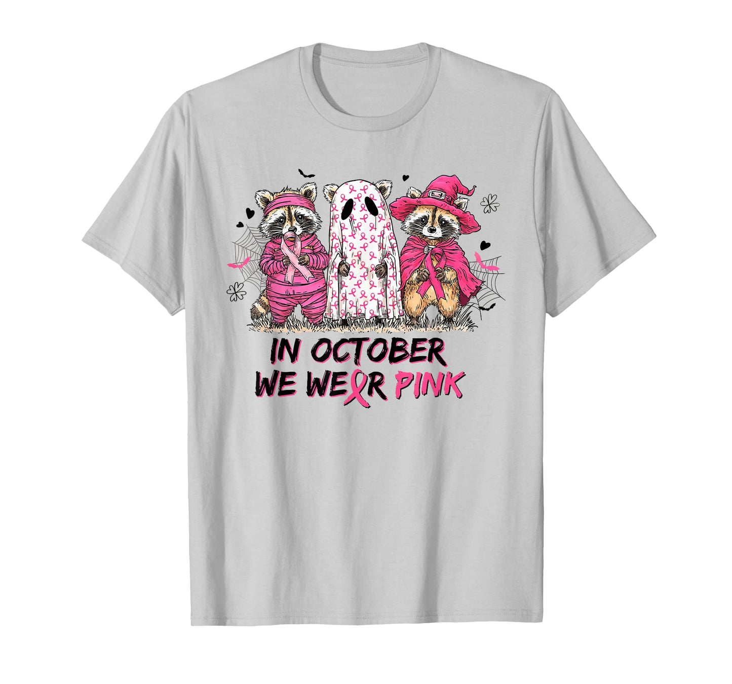 in October We Wear Pink Ghost Witch Breast Cancer Raccoons T-Shirt