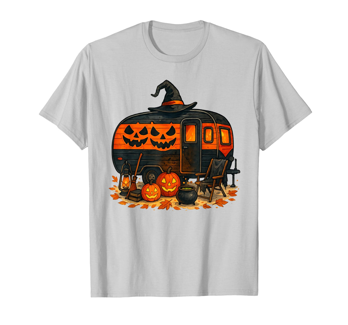 Vintage Spooky Halloween Camper with Pumpkins and Witch Hat T-Shirt