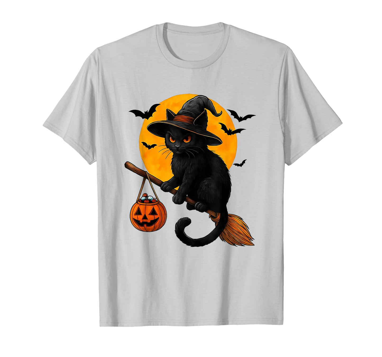 Scary Vintage Black Cat with Witch Hat Full Moon - Halloween T-Shirt