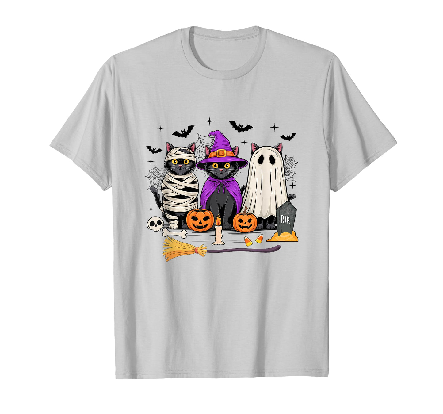 Retro Black Cat Witch Scary Halloween Pumpkin Women Men Kids T-Shirt
