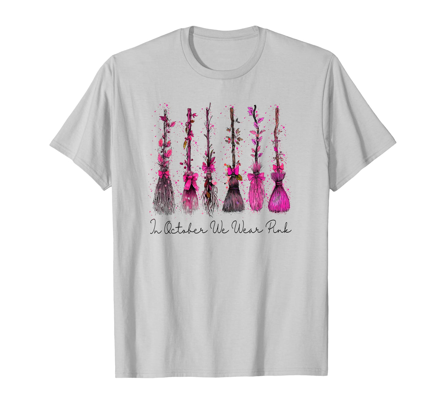 in October We Wear Pink Witches Brooms Spooky Breast Cancer T-Shirt