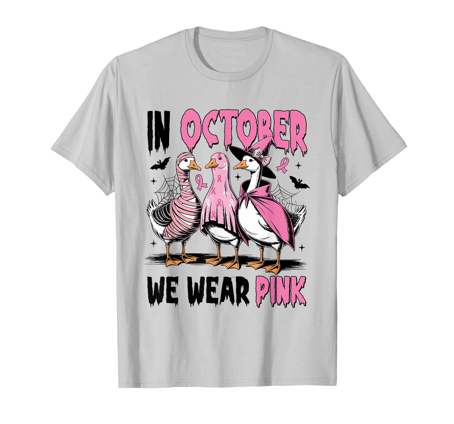 in October We Wear Pink Breast Cancer Halloween Silly Goose T-Shirt