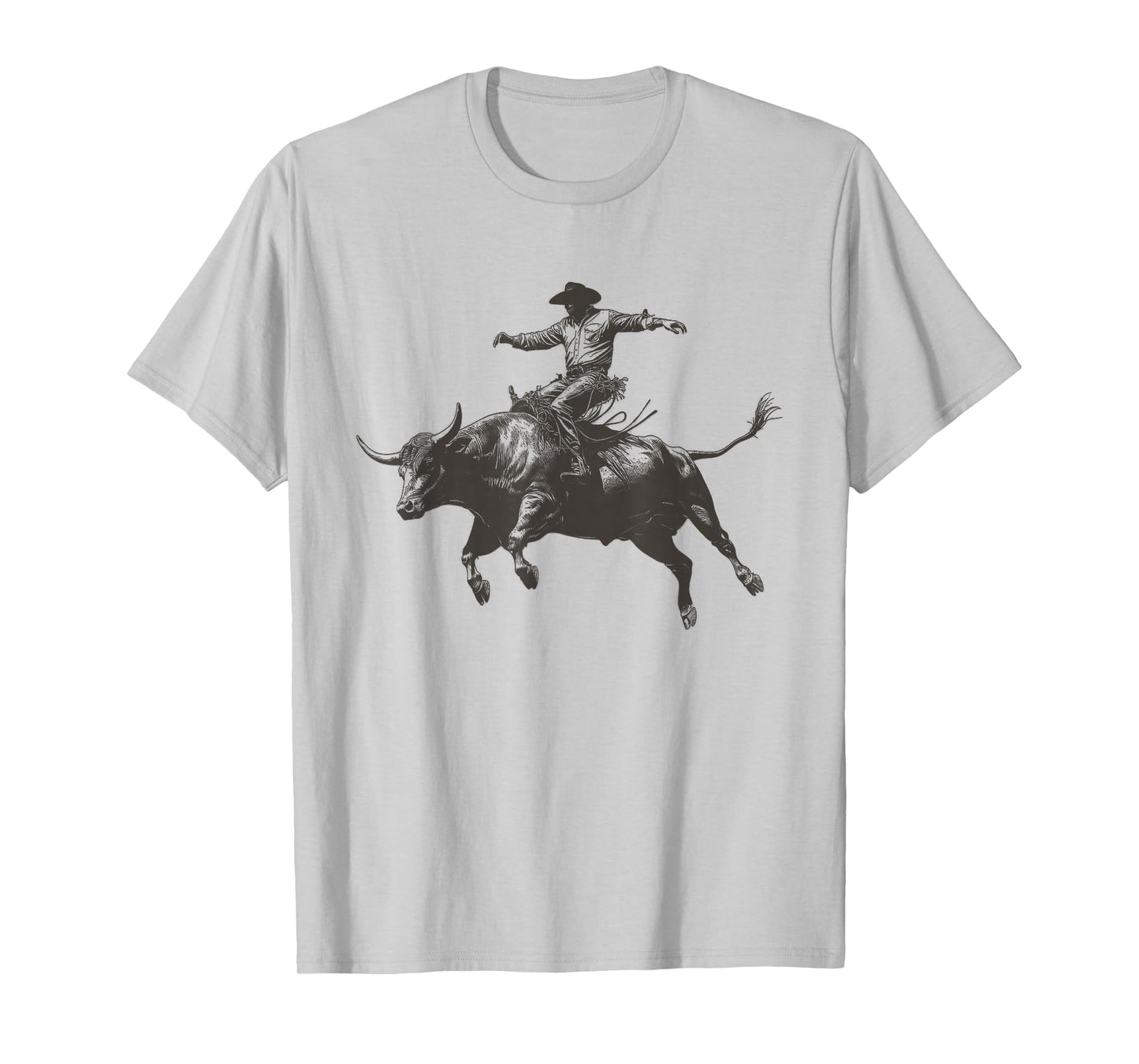 Vintage Cowboy Festival Country Music Concert Grey Cowboy Riding Bull T-Shirt - Unisex-Adults & Kids - Short Sleeve - Classic Fit - Crew Neck - Small
