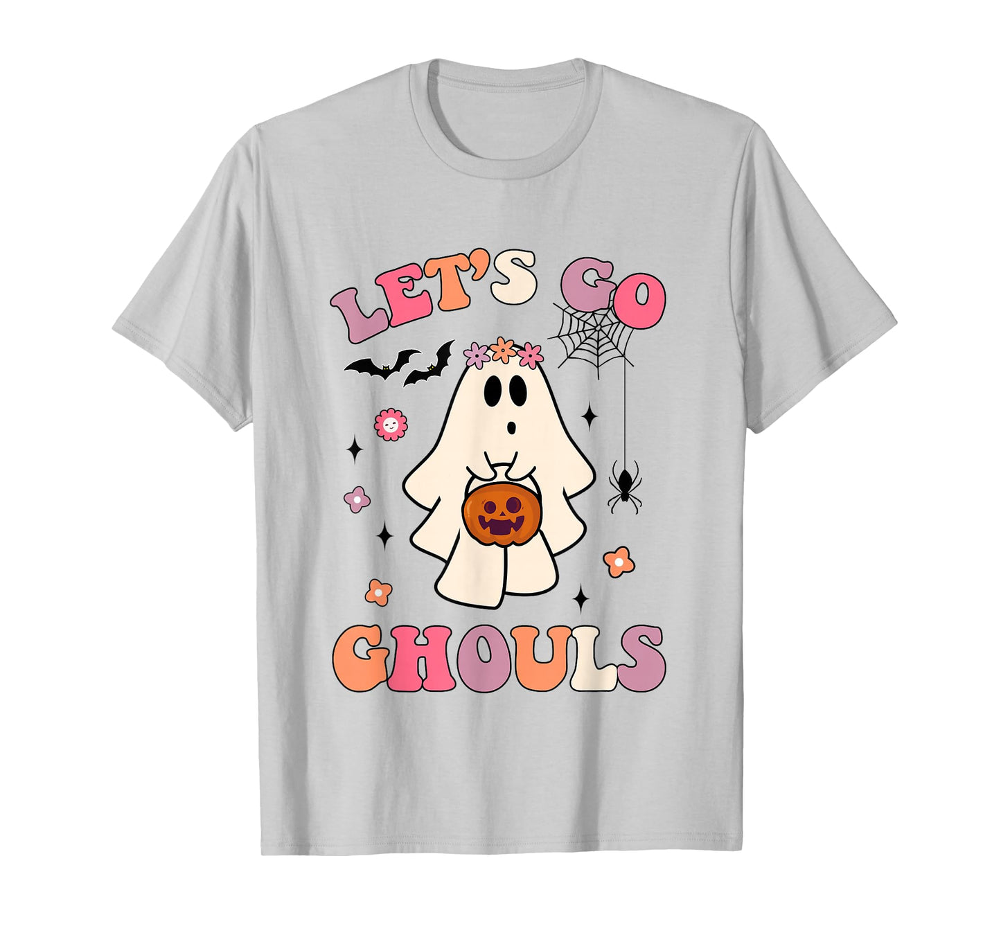 Funny Halloween Ghost Holding Pumpkin Let's Go Ghouls Groovy T-Shirt