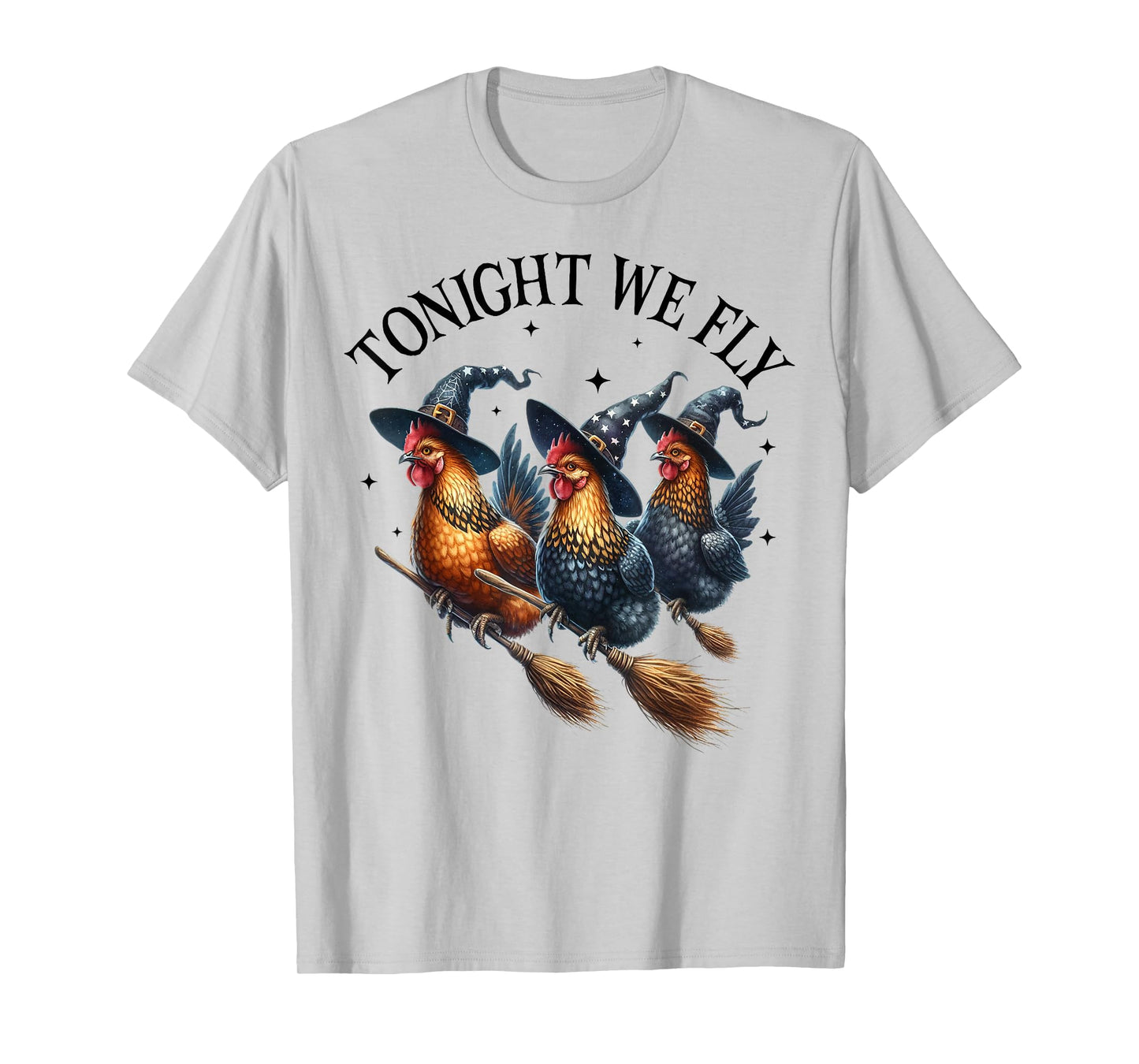 Tonight We Fly Witch Chickens on Brooms Funny Halloween Art T-Shirt