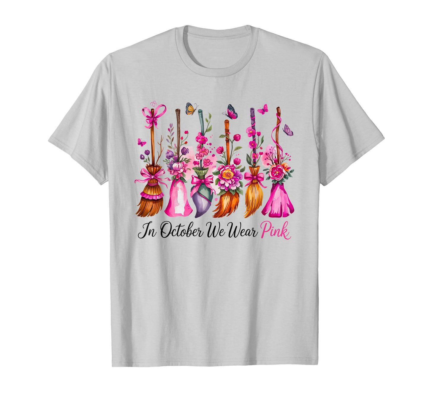 in October We Wear Pink Witch Broom Breast Cancer Awareness T-Shirt