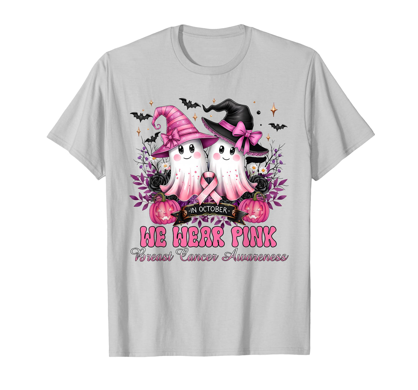 in October We Wear Pink Ghost Witch Breast Cancer Awareness T-Shirt