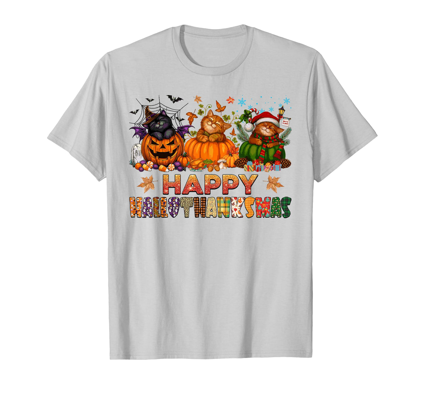 Happy Hallothanksmas Cats Halloween Thanksgiving Christmas T-Shirt