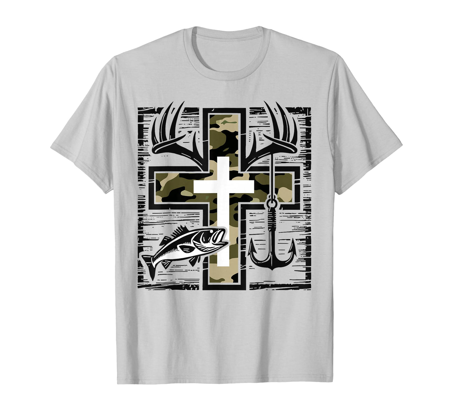 Faith Fishing Hunting Camo Cross with Hook Bass Christian T-Shirt