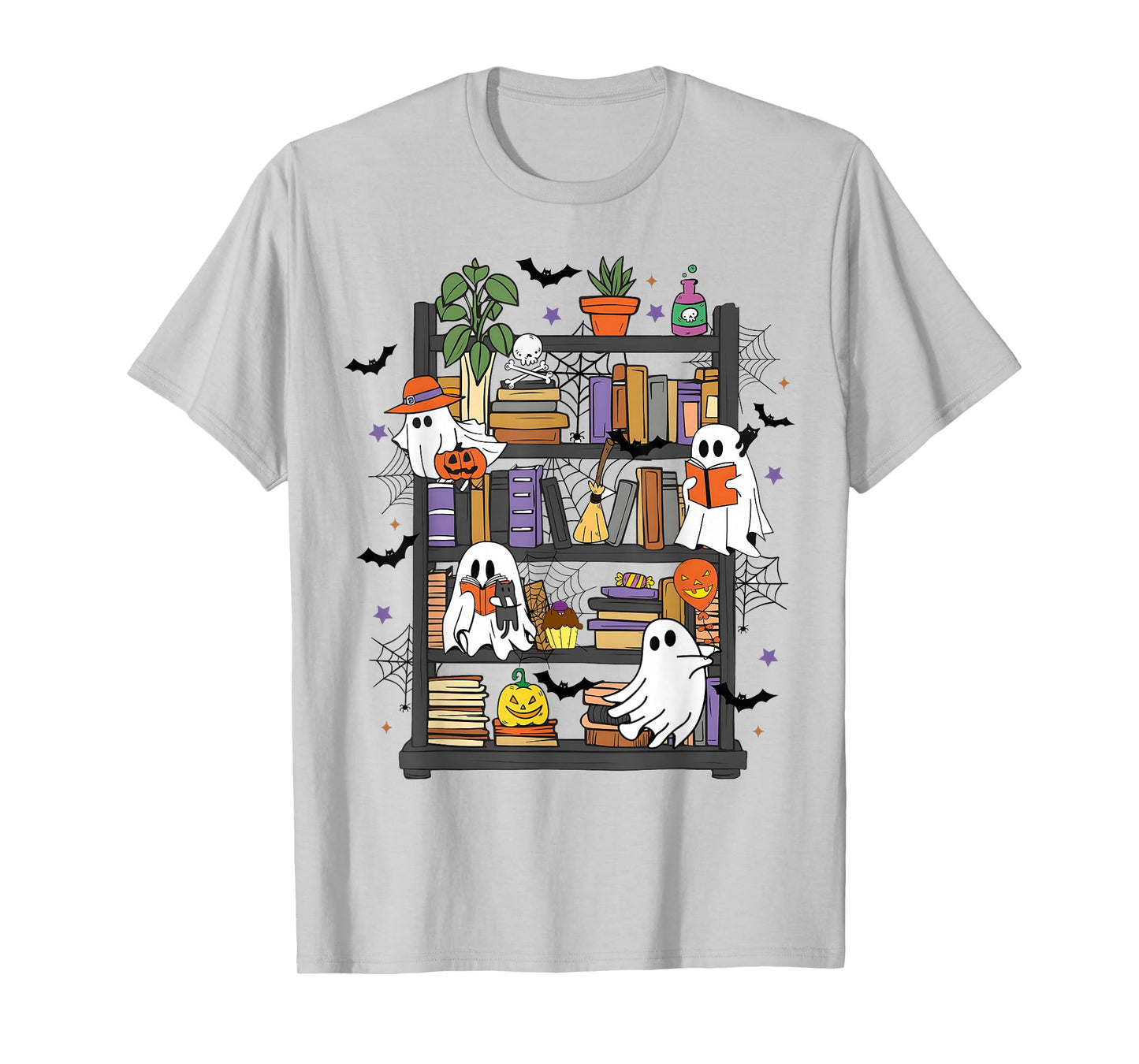 Ghost Reading Books Library Halloween Men Women Kids T-Shirt