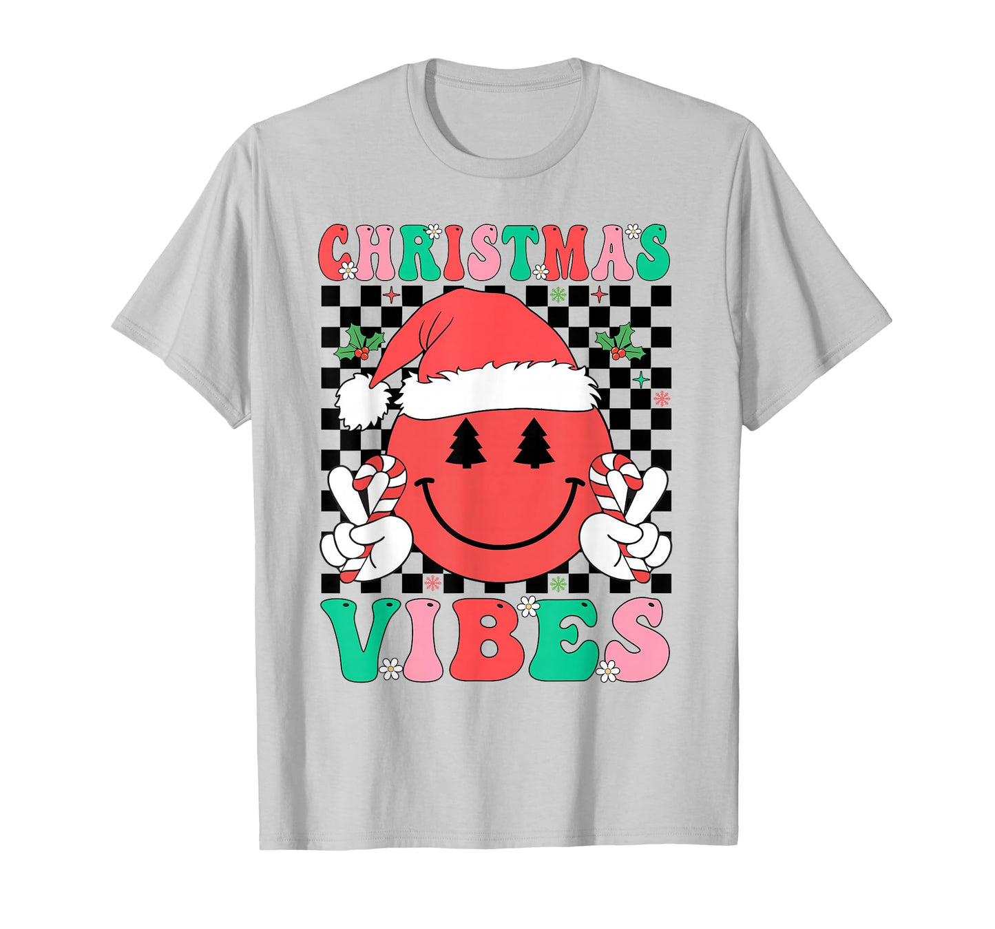 Groovy Christmas Vibes Smile Face Santa Hat Xmas Girls Women T-Shirt