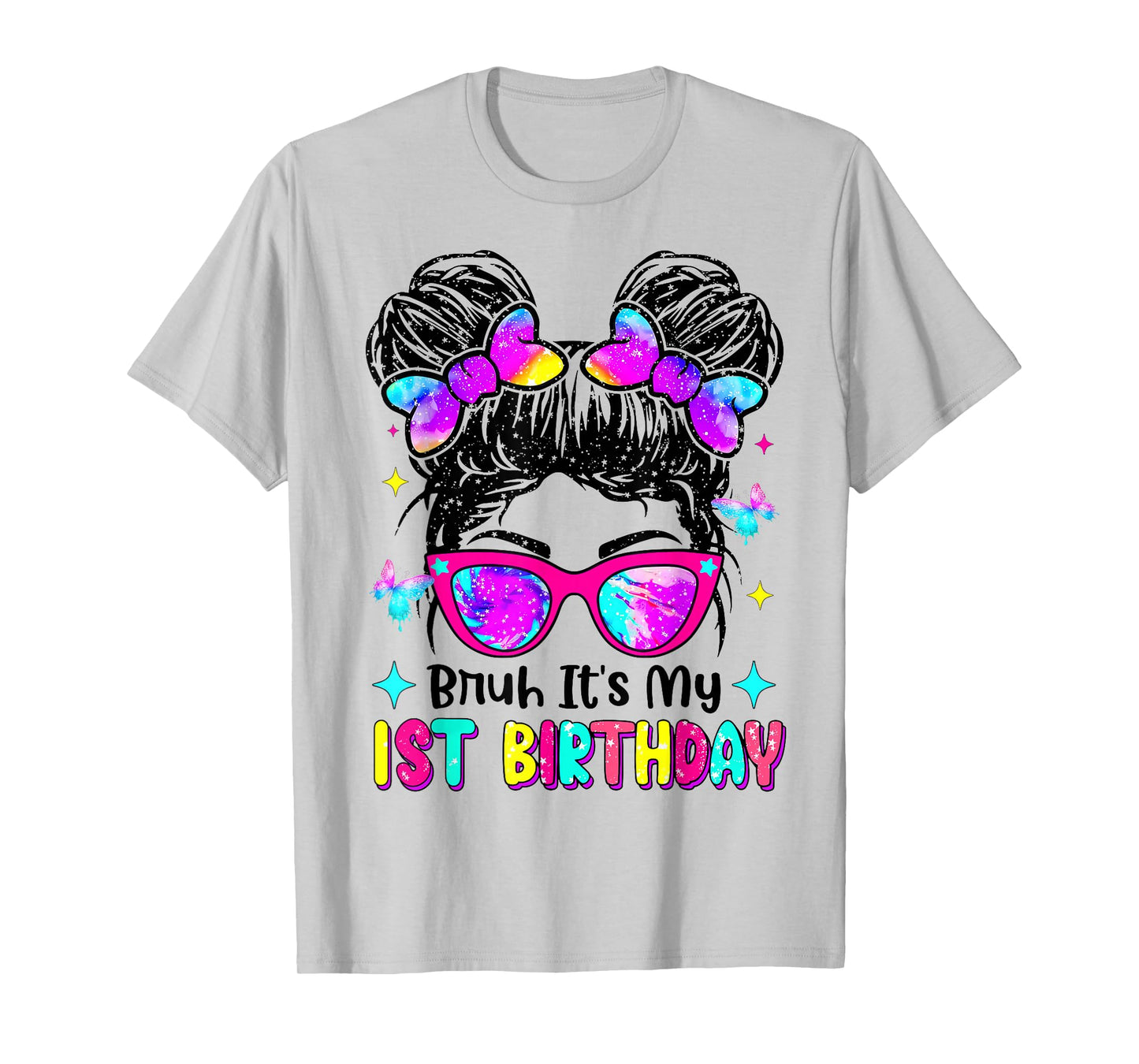 Retro Bruh It's My 1st Birthday Messy Bun Girl T-Shirt