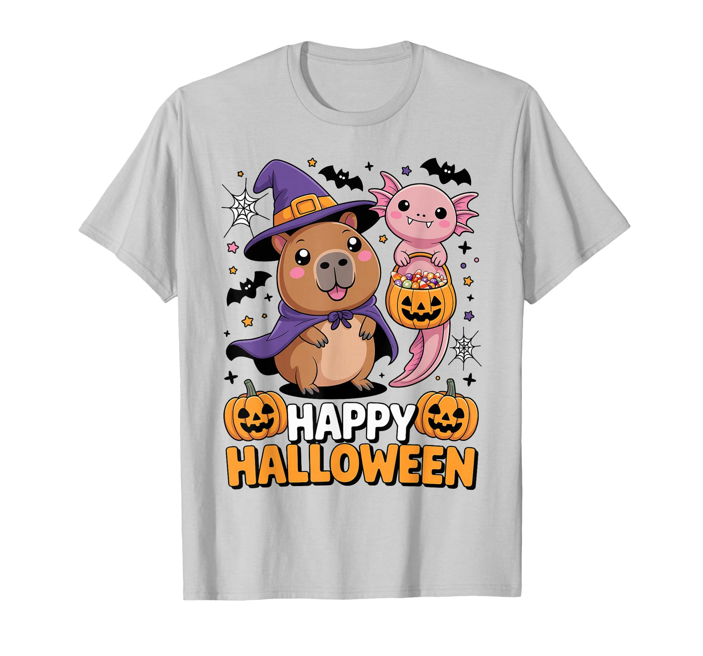 Cute Capybara and Axolotl Happy Halloween Kids T-Shirt