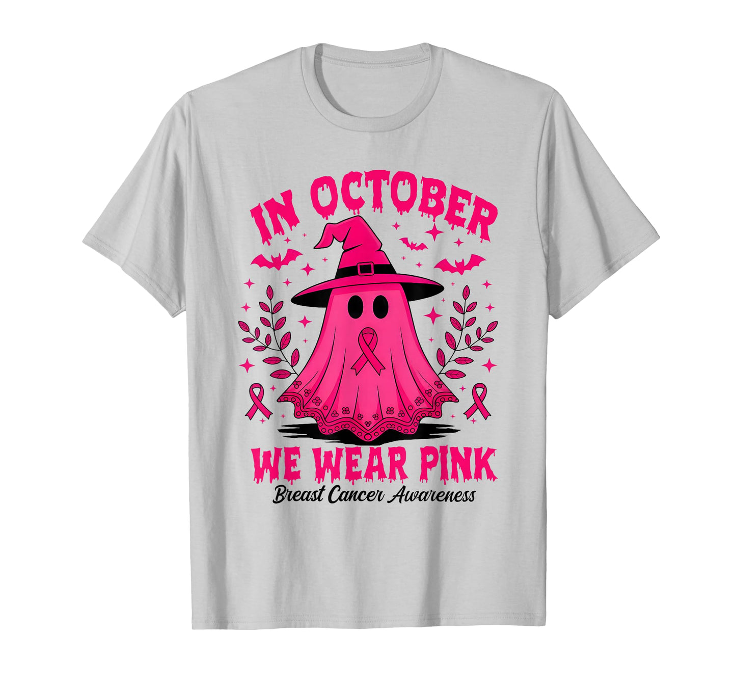 in October We Wear Pink Ghost Witch Breast Cancer Awareness T-Shirt