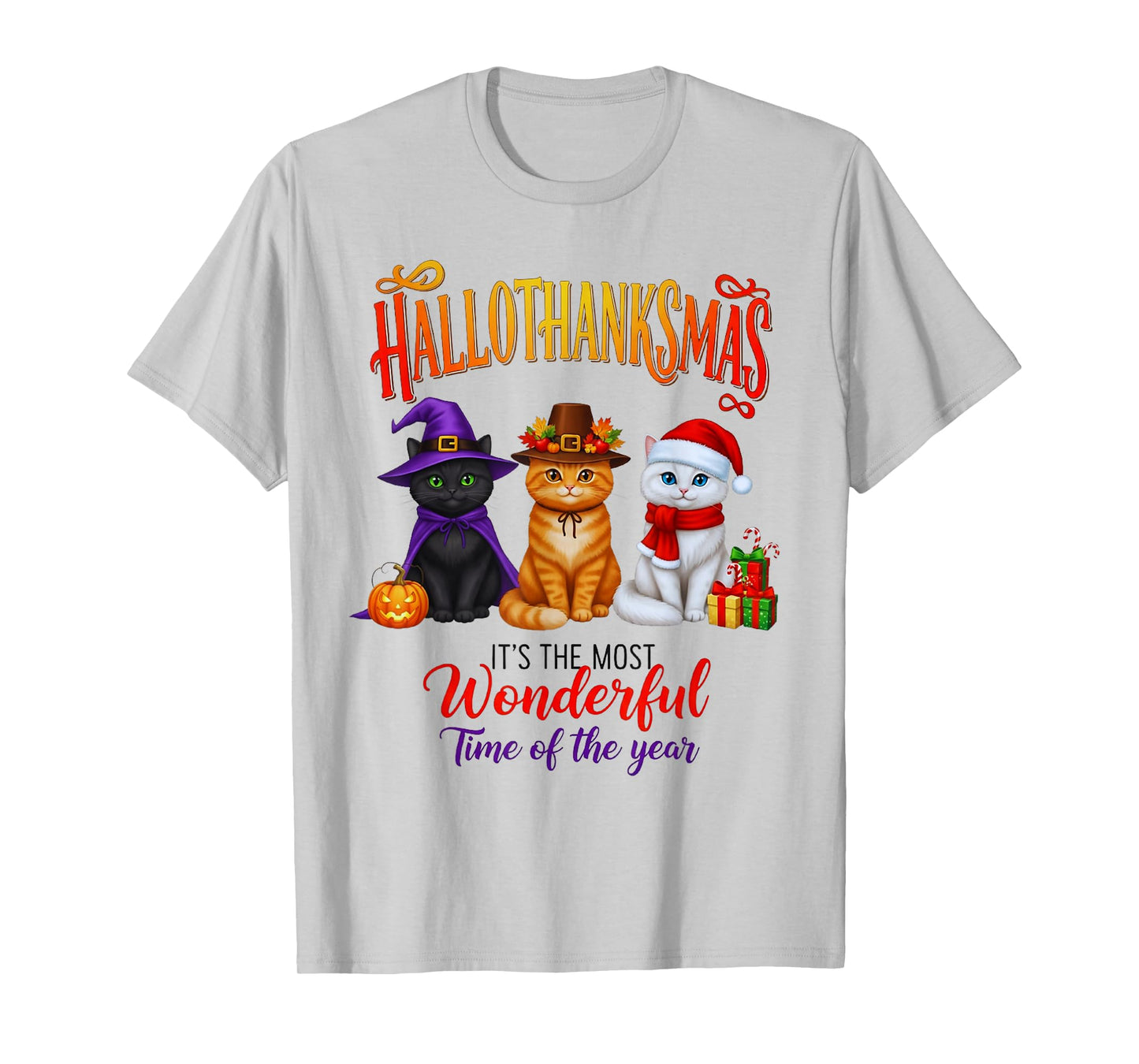 Halloween Thanksgiving Christmas Happy HalloThanksMas Cats T-Shirt