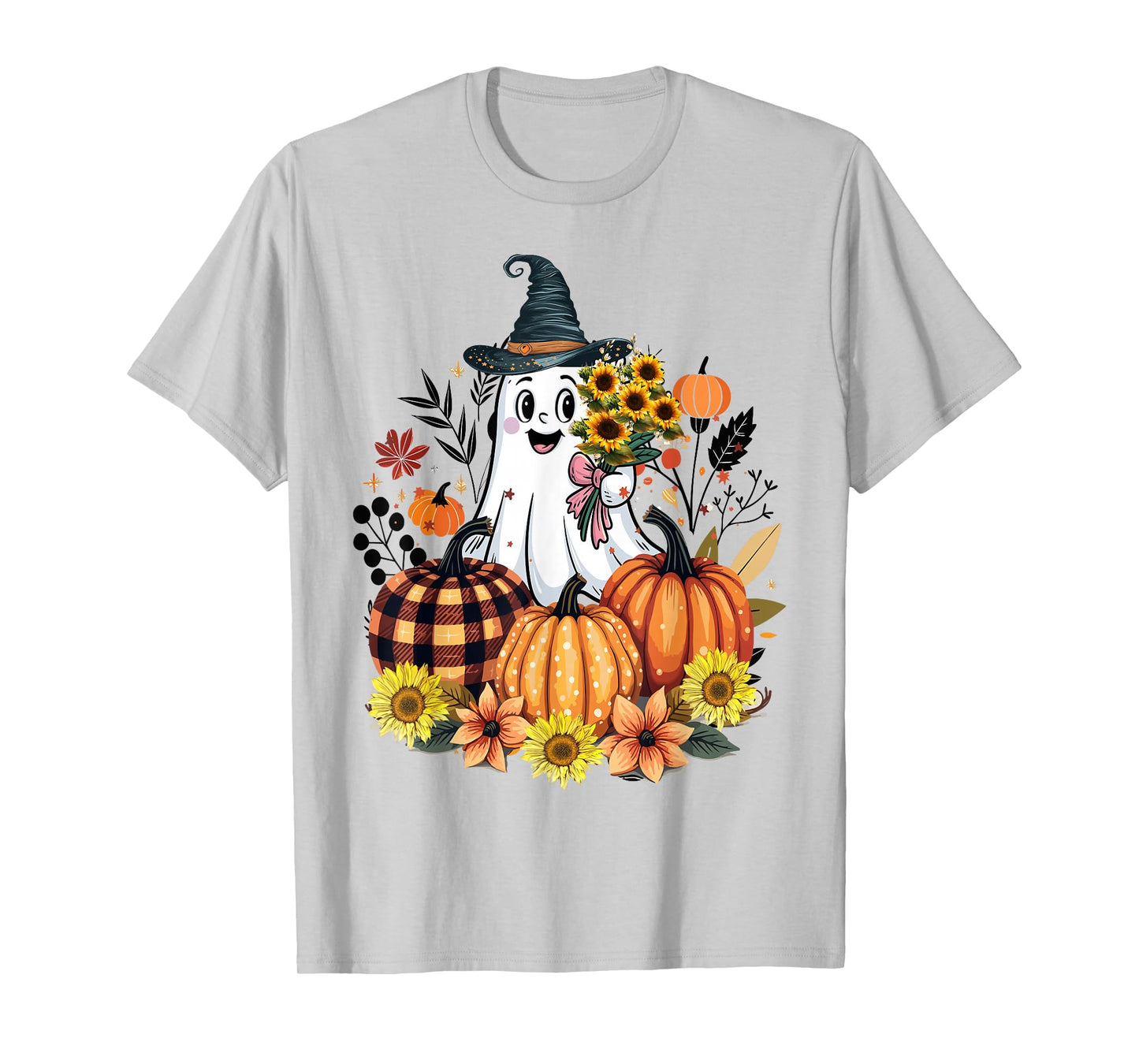Funny Floral Ghost with Vintage Pumpkin Fall Halloween T-Shirt