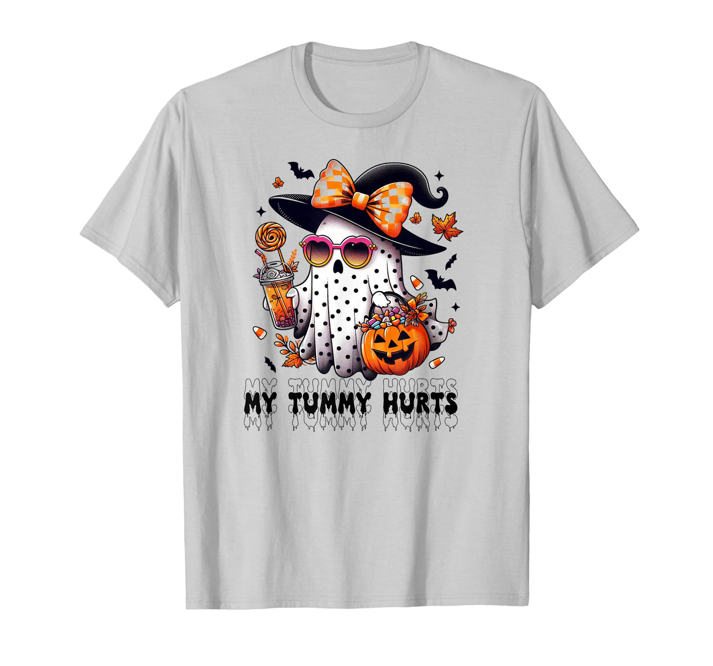 Funny My Tummy Hurts Cute Pink Ghost Boujee Halloween Coffee T-Shirt