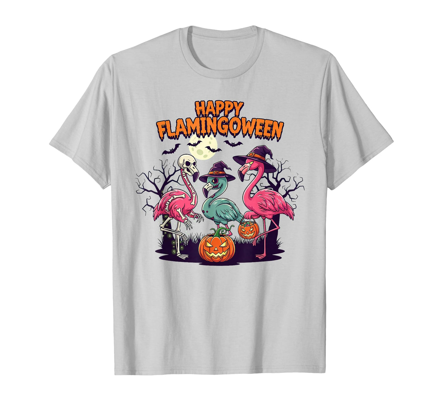 Happy Flamingoween Funny Flamingo Halloween Zombie Skeleton T-Shirt