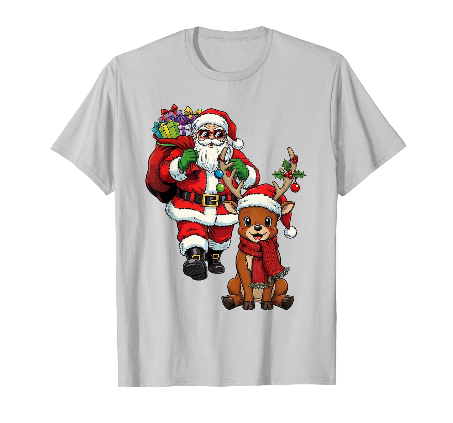 Santa Claus with Reindeer and Gifts Cool Christmas T-Shirt