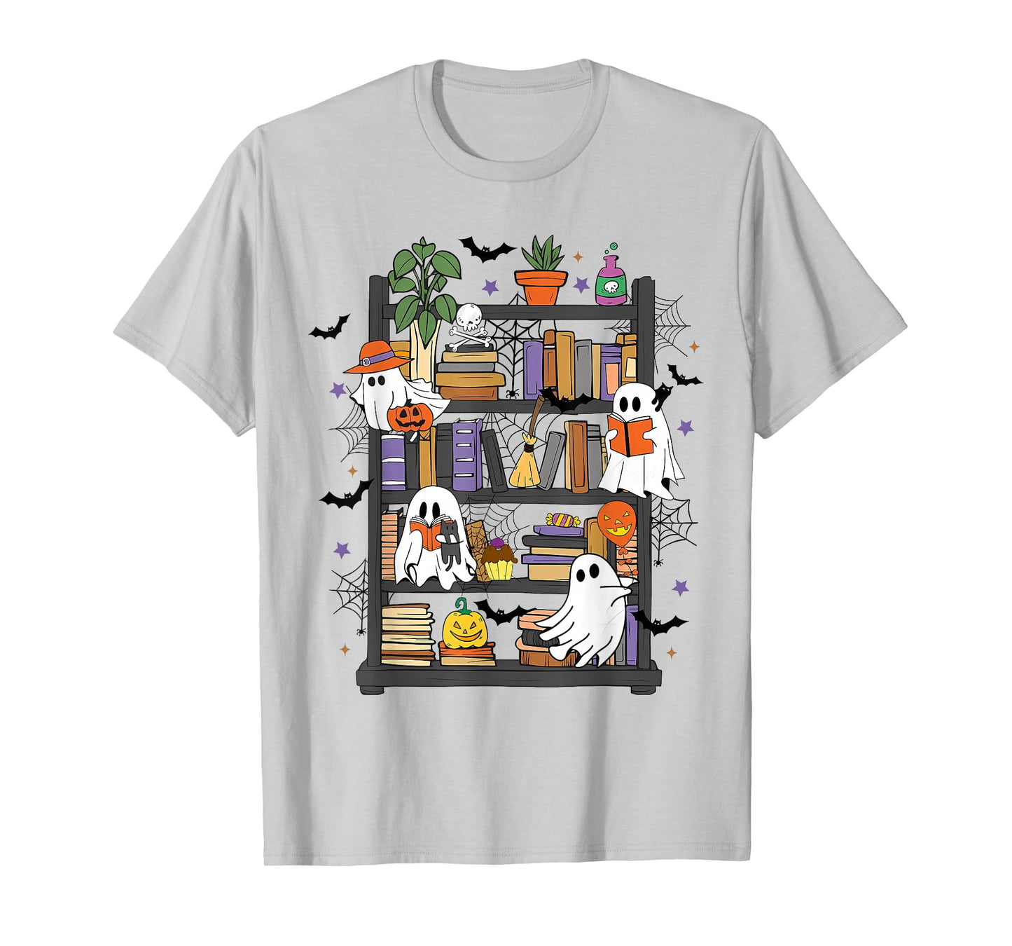 Ghost Library Reading Books Halloween Men Women Kids T-Shirt