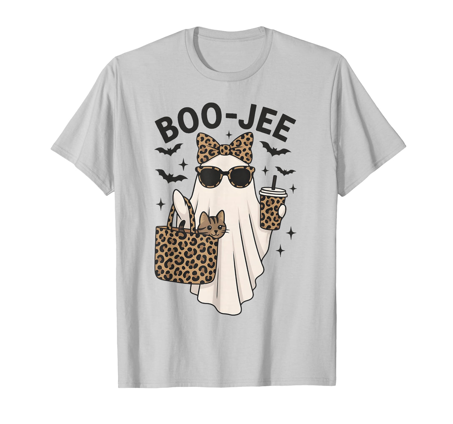 Coquette Leopard Cute Cat Ghost Coffee Boo-JEE Halloween T-Shirt