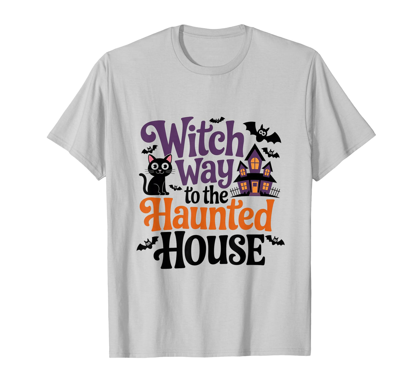 Witch Way to The Haunted House Funny Black Cat Halloween T-Shirt