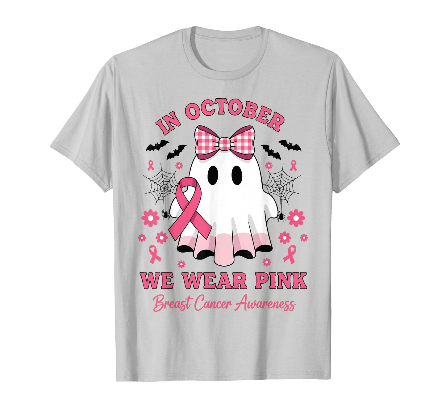 in October We Wear Pink Ghost Witch Breast Cancer Awareness T-Shirt