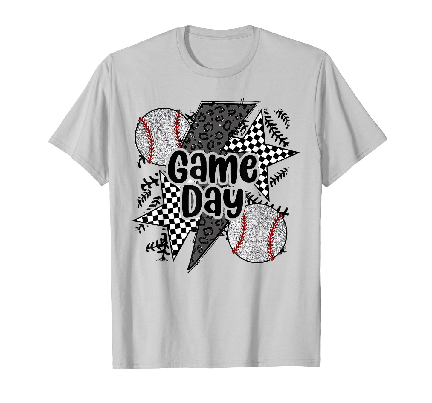 Retro Baseball Game Day Checkered Leopard Baseball Mama Mom T-Shirt