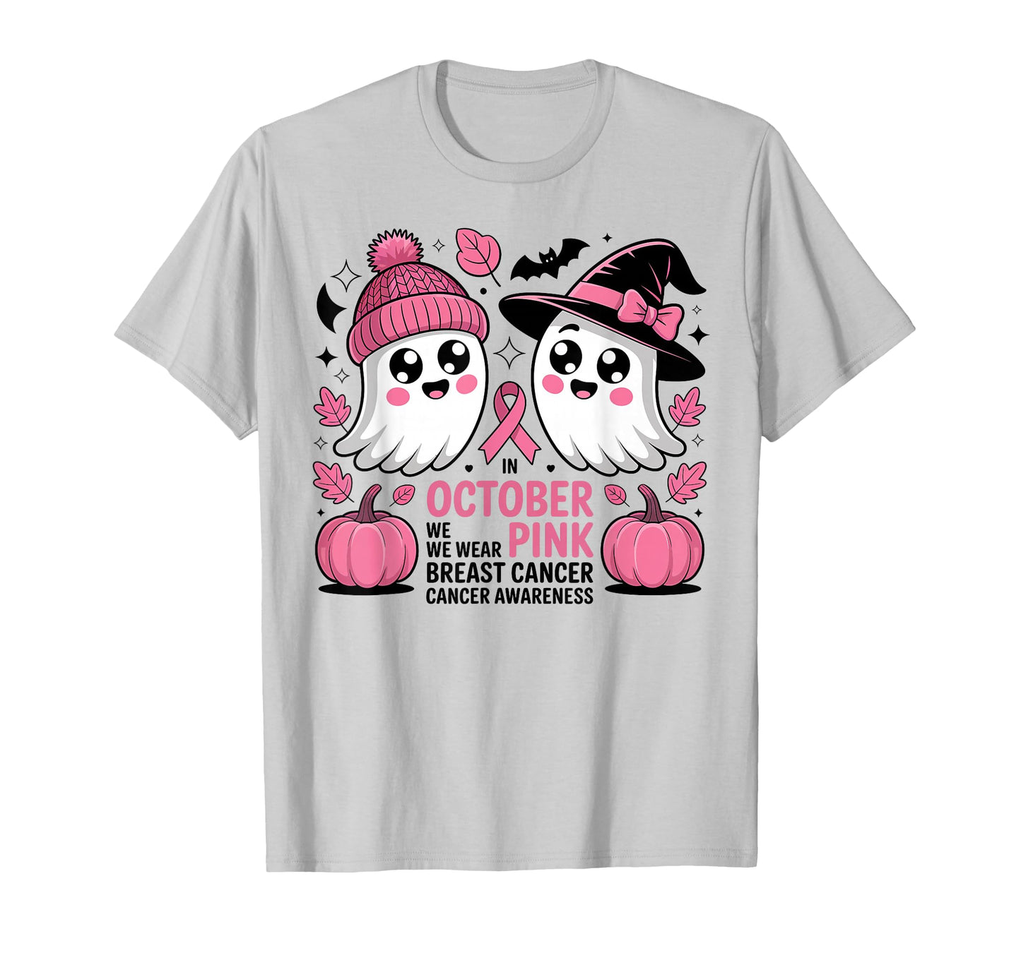 in October We Wear Pink Ghost Witch Breast Cancer Awareness T-Shirt