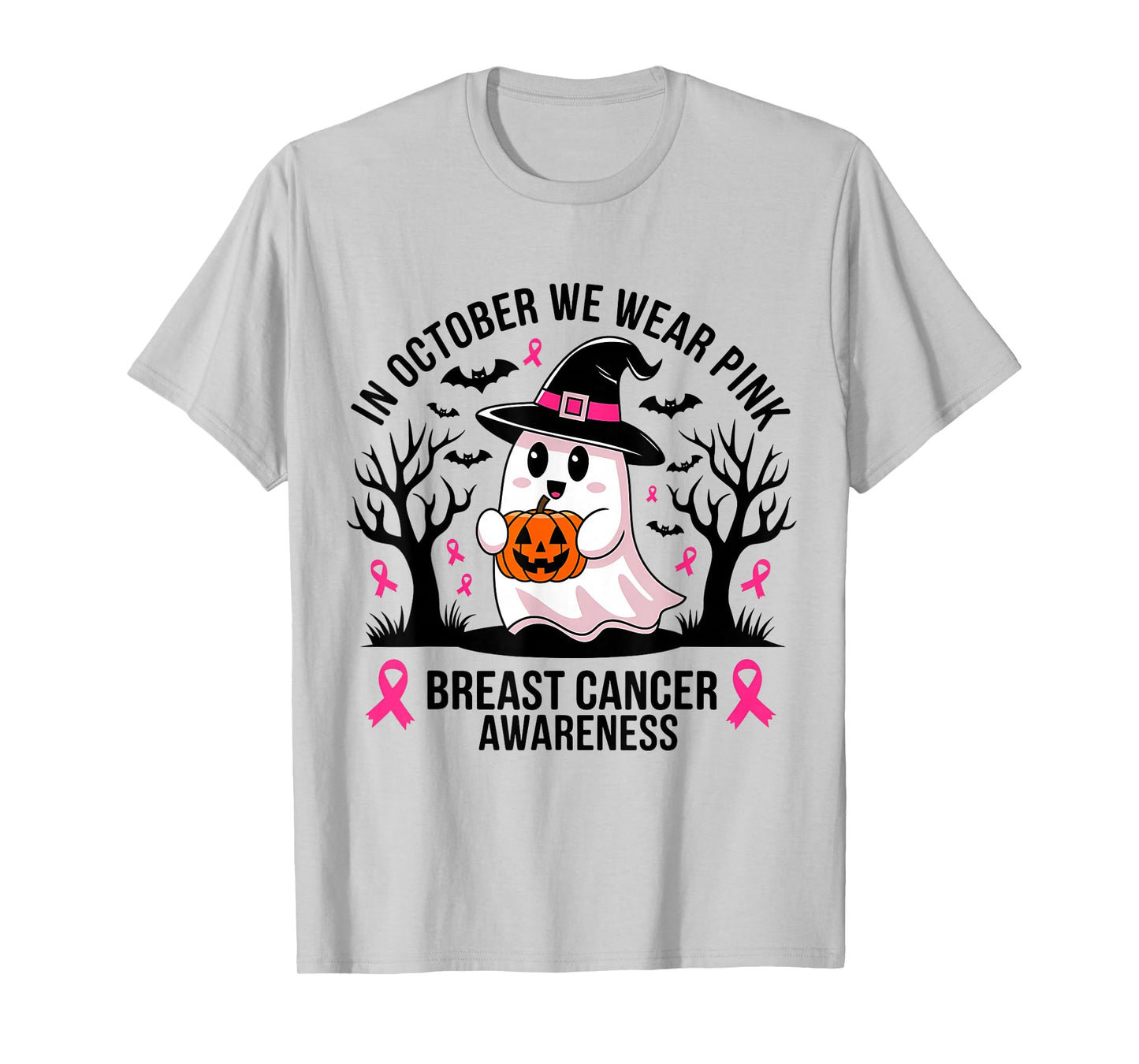 in October We Wear Pink Ghost Halloween Breast Cancer T-Shirt
