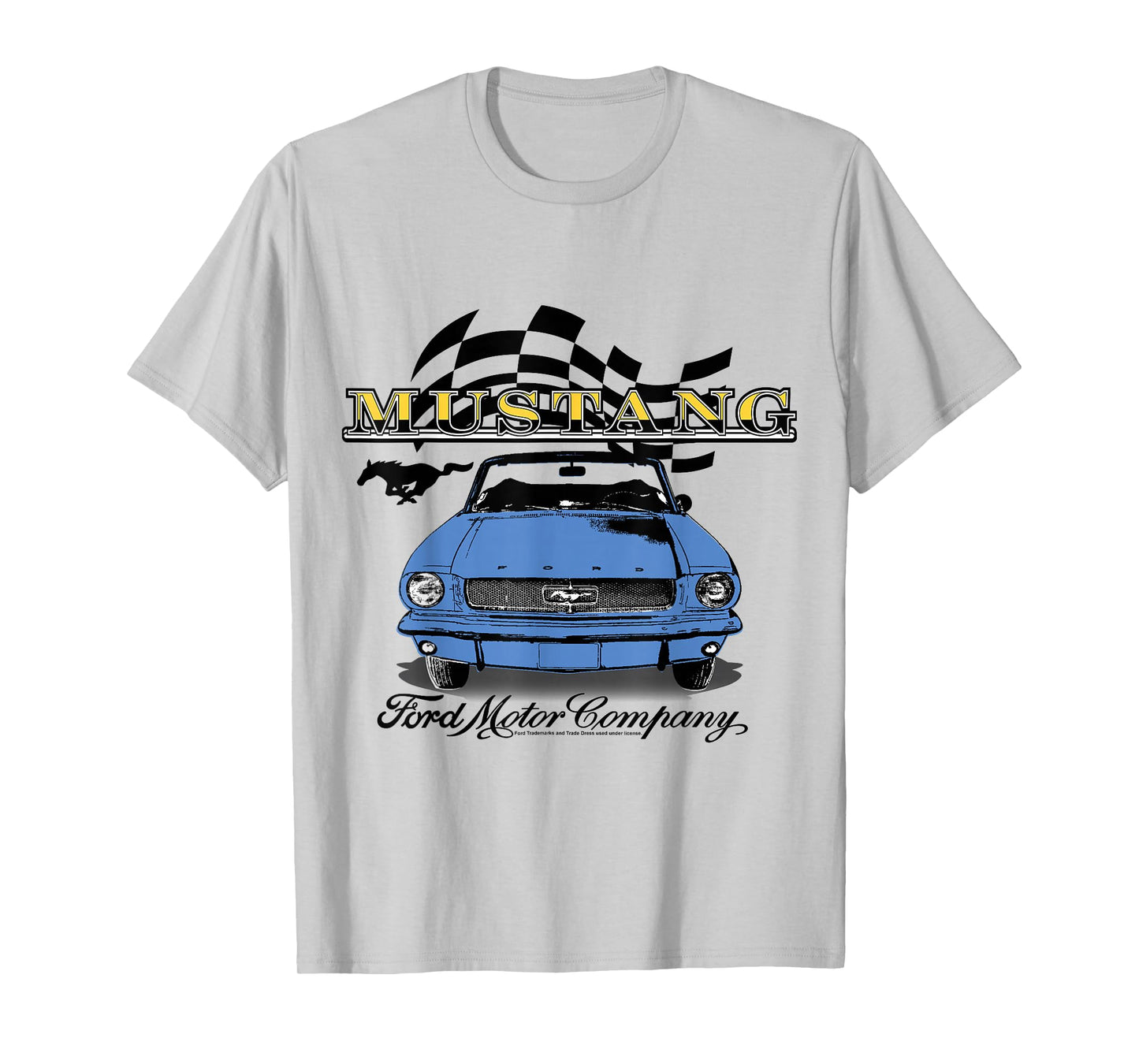 Ford - Vintage Blue Mustang Convertible Car Checkered Flag T-Shirt