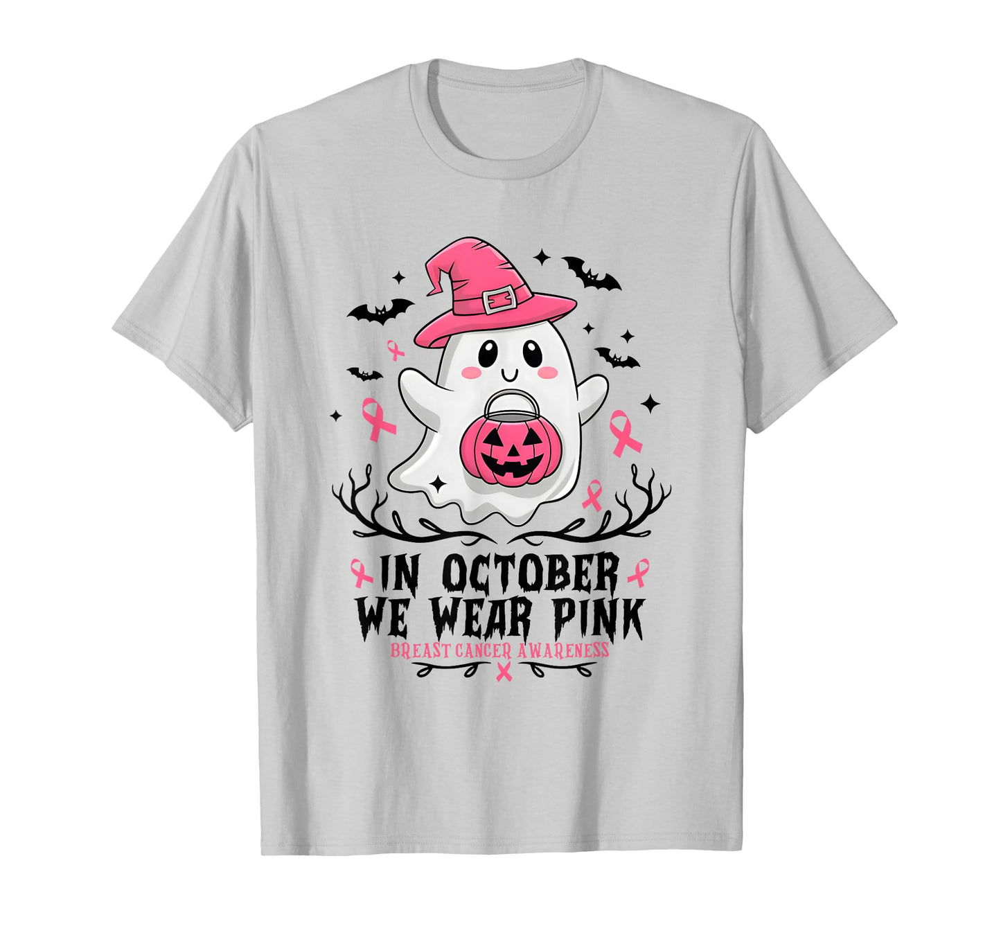 in October We Wear Pink Ghost Witch Breast Cancer Awareness T-Shirt