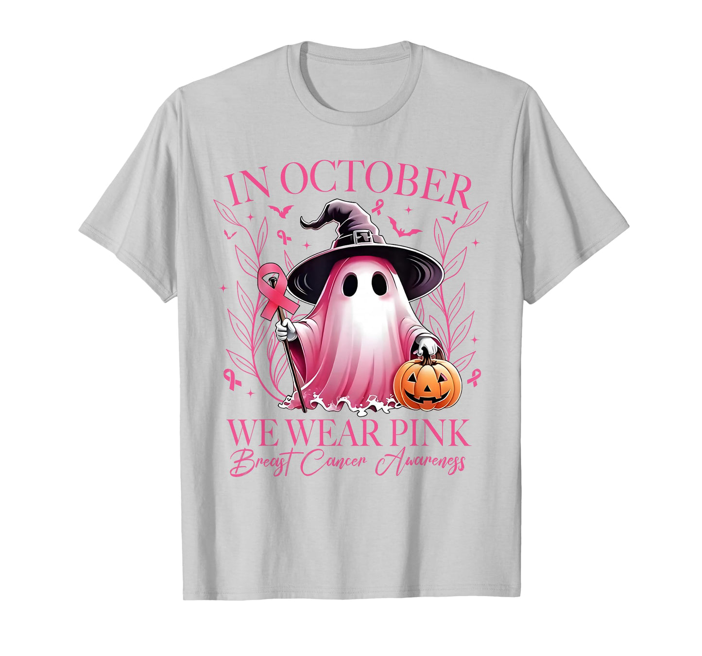in October We Wear Pink Ghost Witch Breast Cancer Awareness T-Shirt